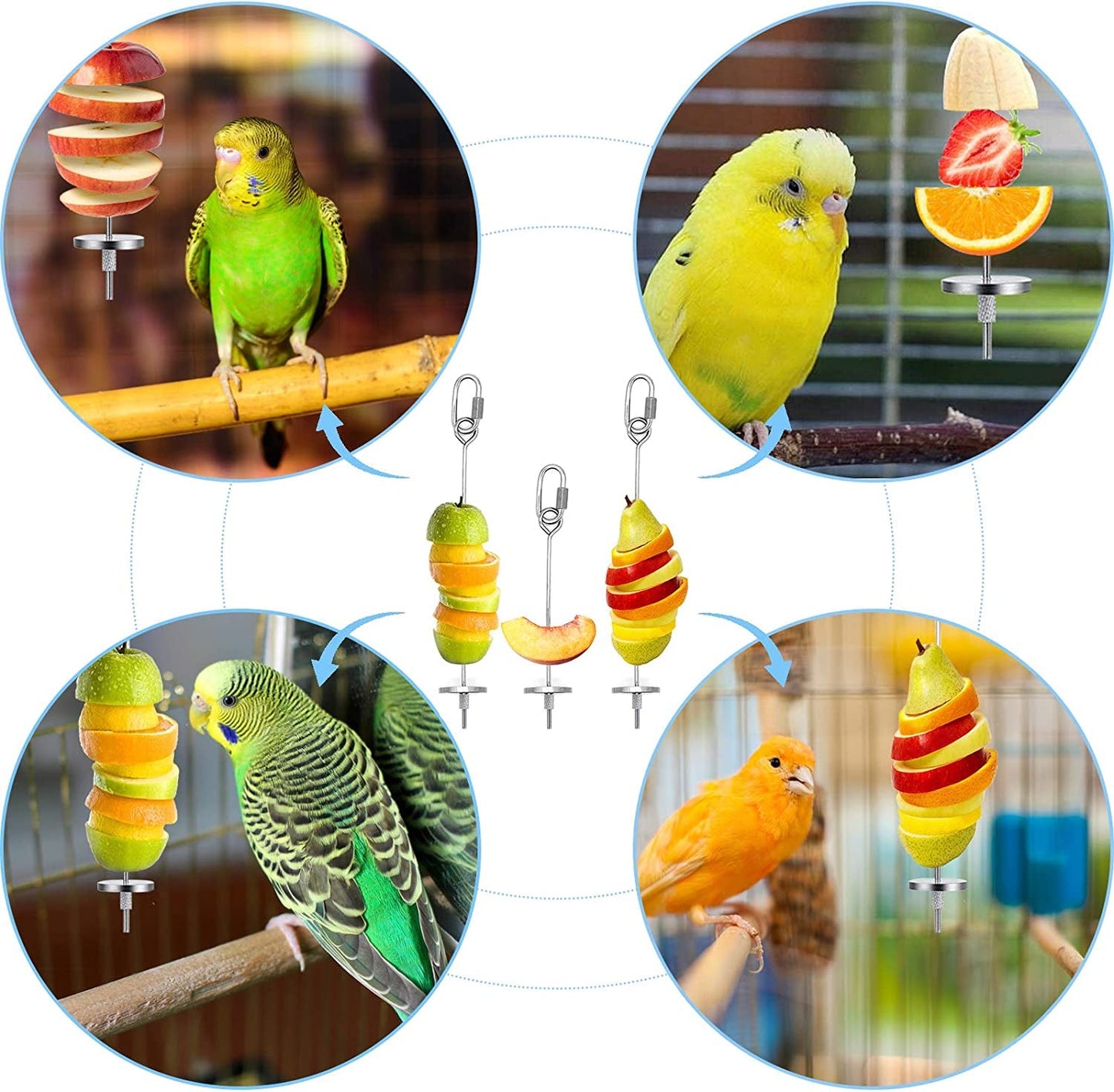 Collage of birds interacting with colorful fruit toys in a pet enclosure.