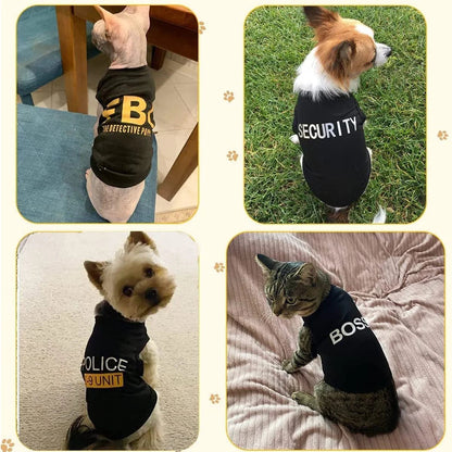 Collage of dogs and a cat wearing black shirts with text in various settings.