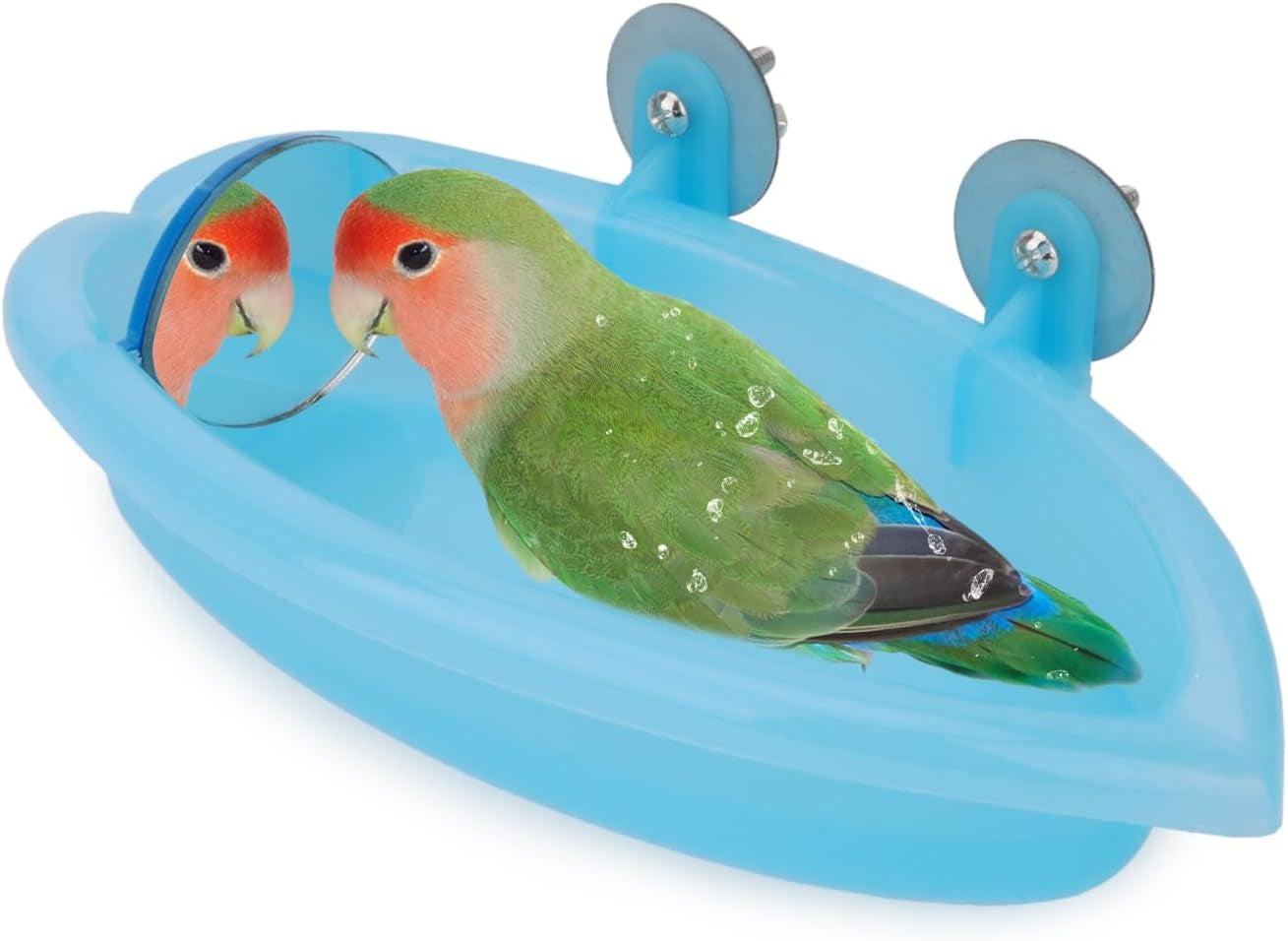 Two birds on a blue plastic boat toy with a white background