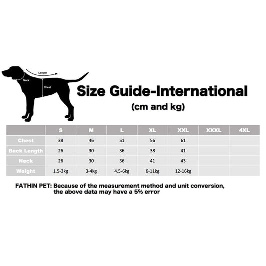 Dog size guide chart in centimeters and kilograms with a black silhouette of a dog.