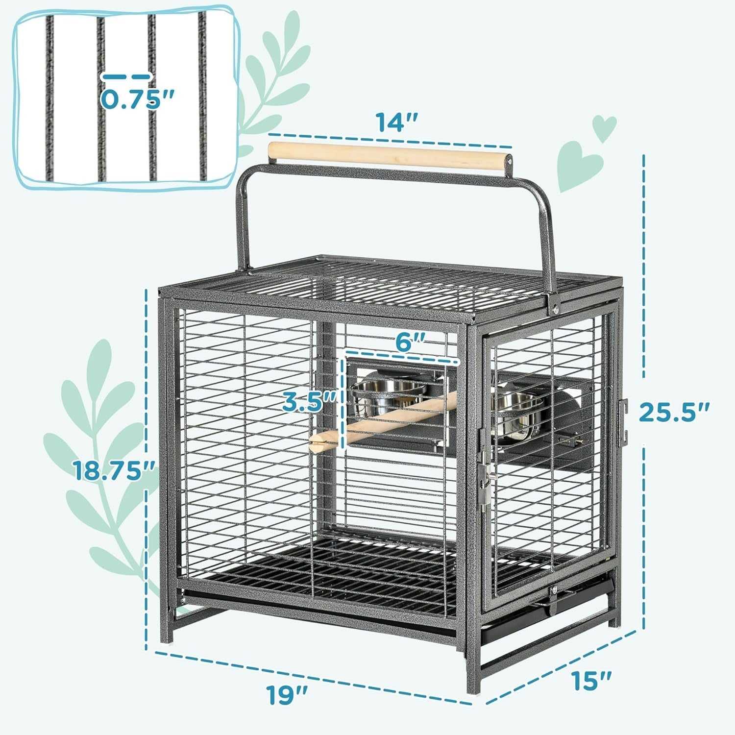 Bird cage with dimensions labeled on a white background