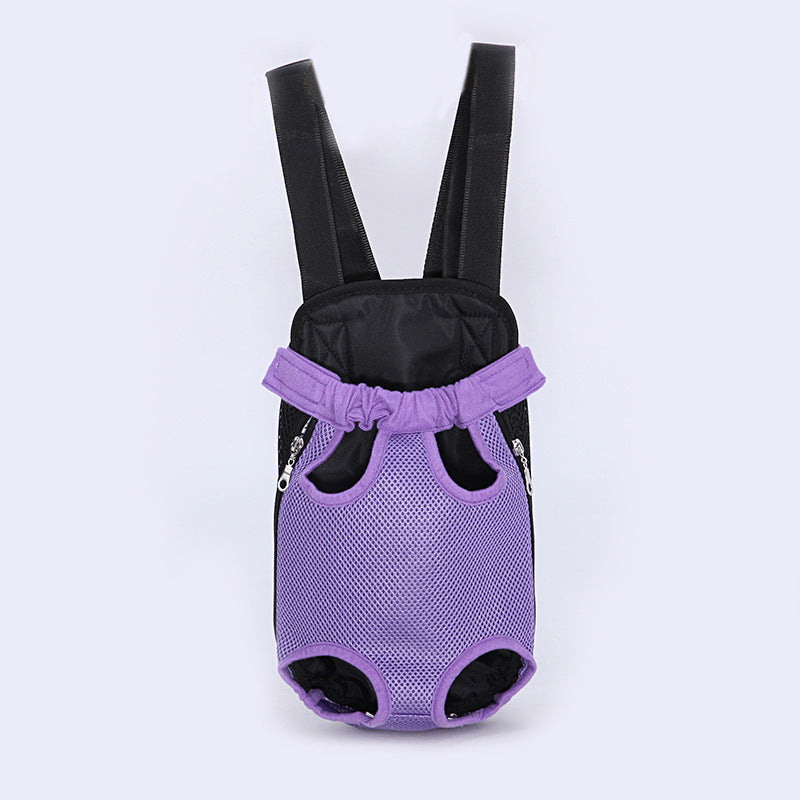 Purple pet carrier with black straps on a white background