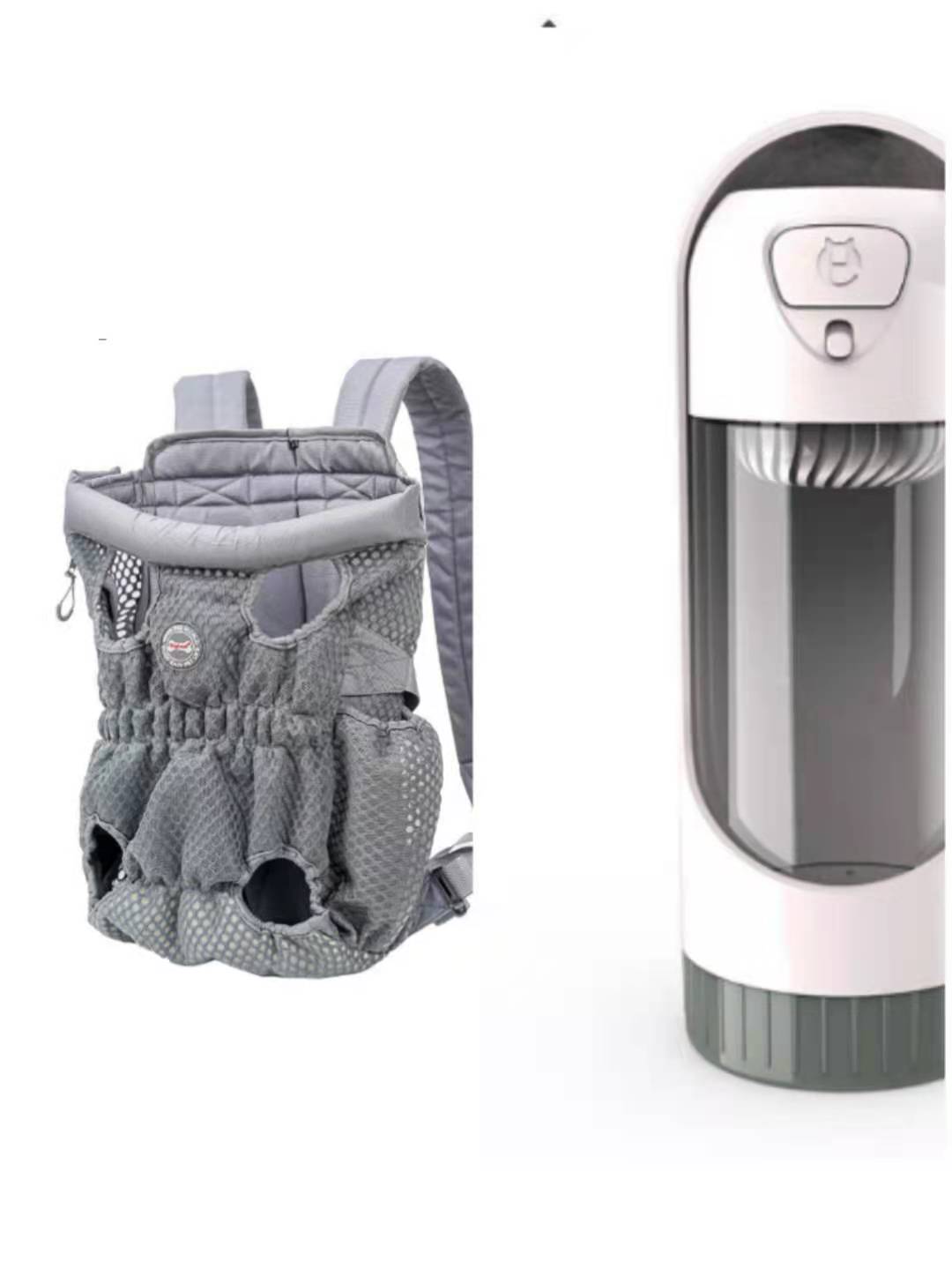 Gray pet carrier and white and gray pet water bottle on a white background