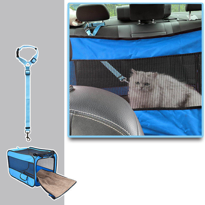 Pet car seat cover with mesh side and blue leash, placed on a car seat.