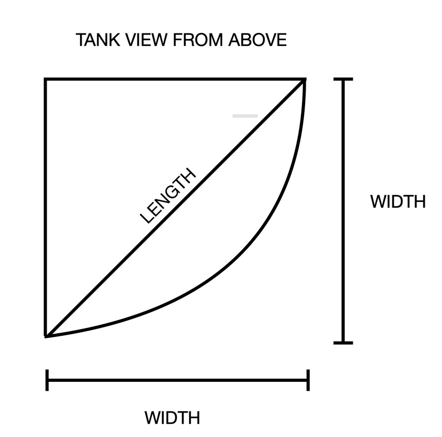 Diagram showing dimensions of a tank view from above with labels for length, width, and diagonal measurement.