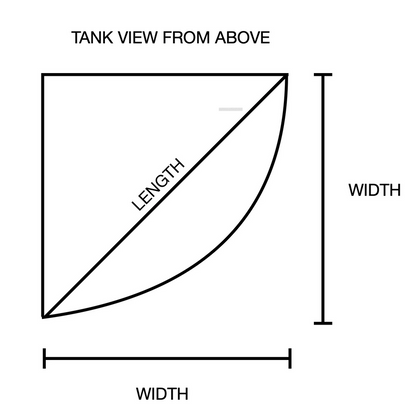 Diagram showing dimensions of a tank view from above with labels for length, width, and diagonal measurement.