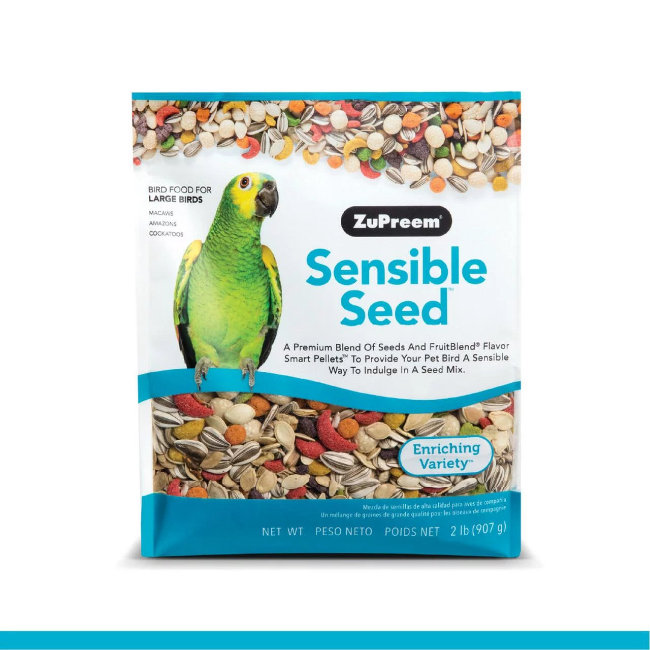 ZuPreem Sensible Seed bird food package with a green parrot on a white background