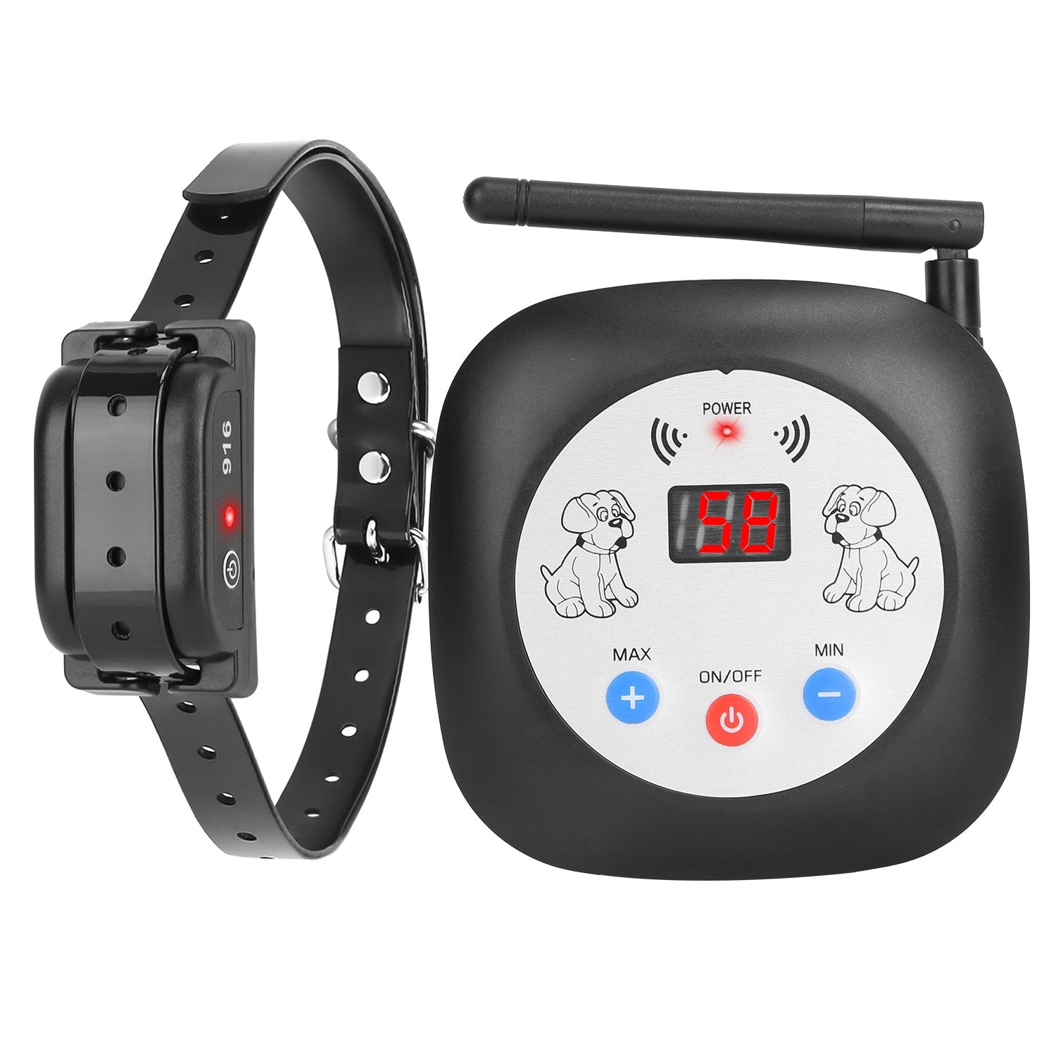 Black electronic dog training collar with control device on a white background