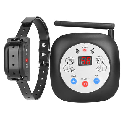 Black electronic dog training collar with control device on a white background