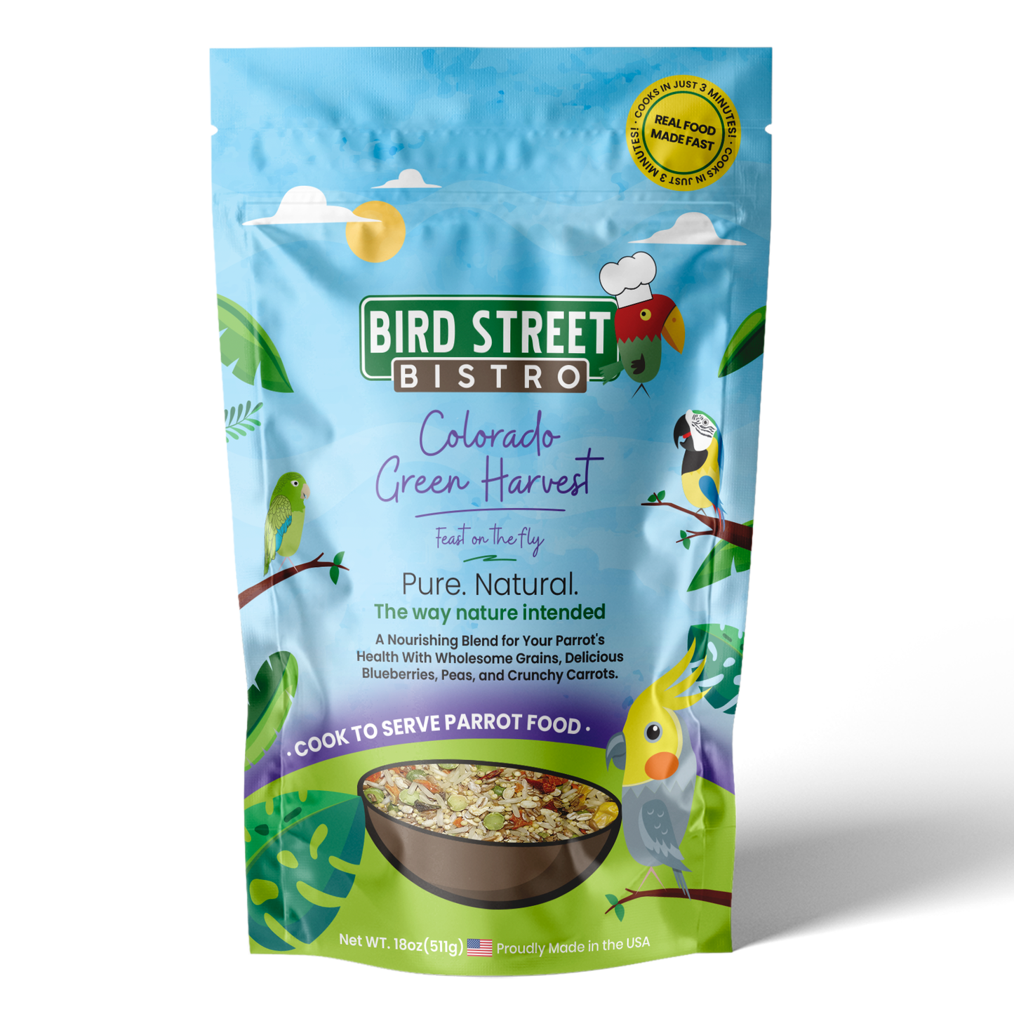 Bird Street Bistro Colorado Green Harvest parrot food package on a white background