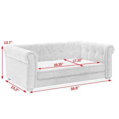 Gray sofa with dimensions marked on a white background