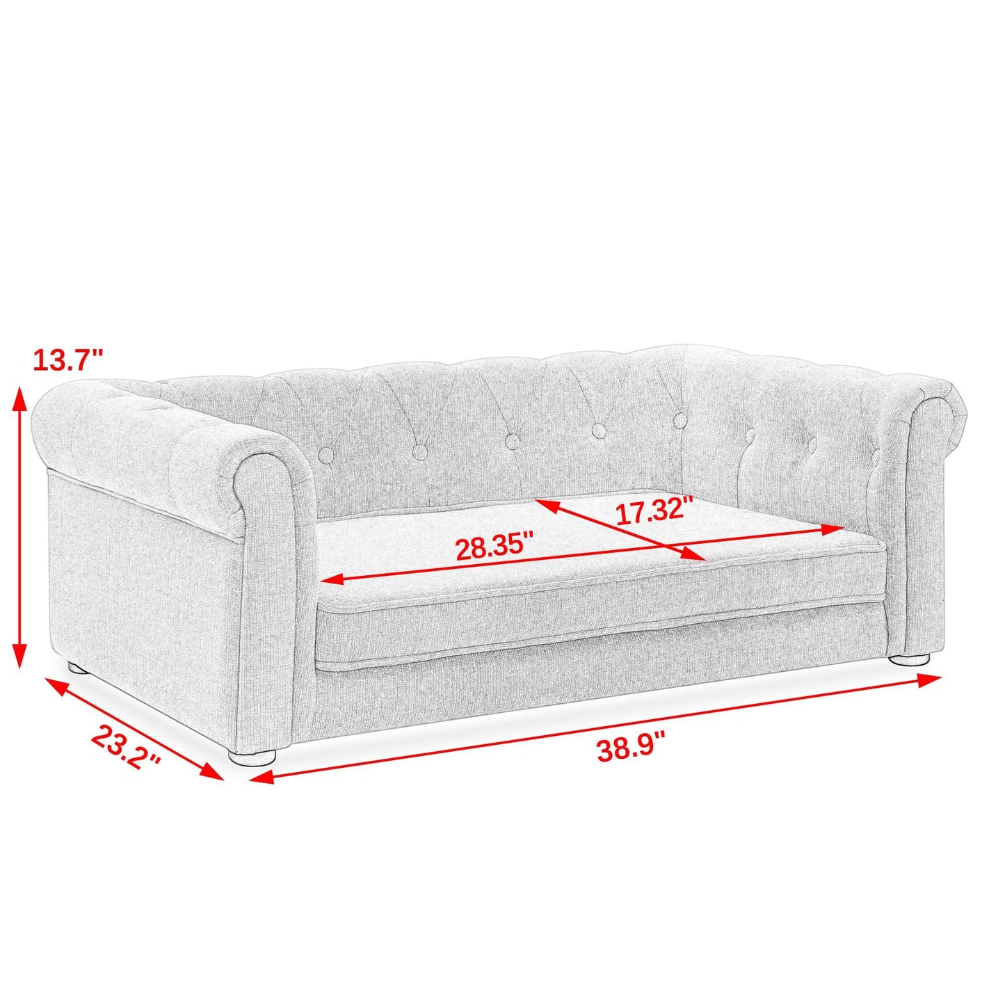 Gray sofa with dimensions marked on a white background