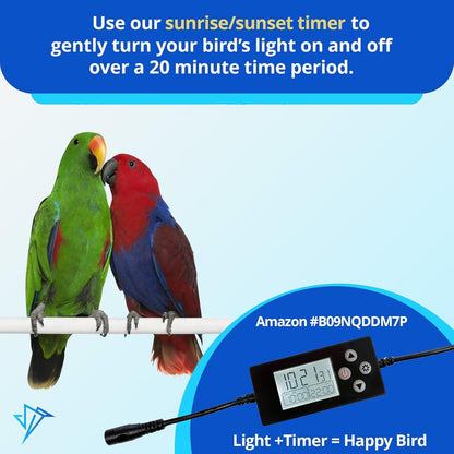 Two parrots on a perch with a sunrise/sunset timer and promotional text on a blue background.