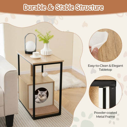 Side table with pet bed and cat inside, featuring durable and stable structure details.
