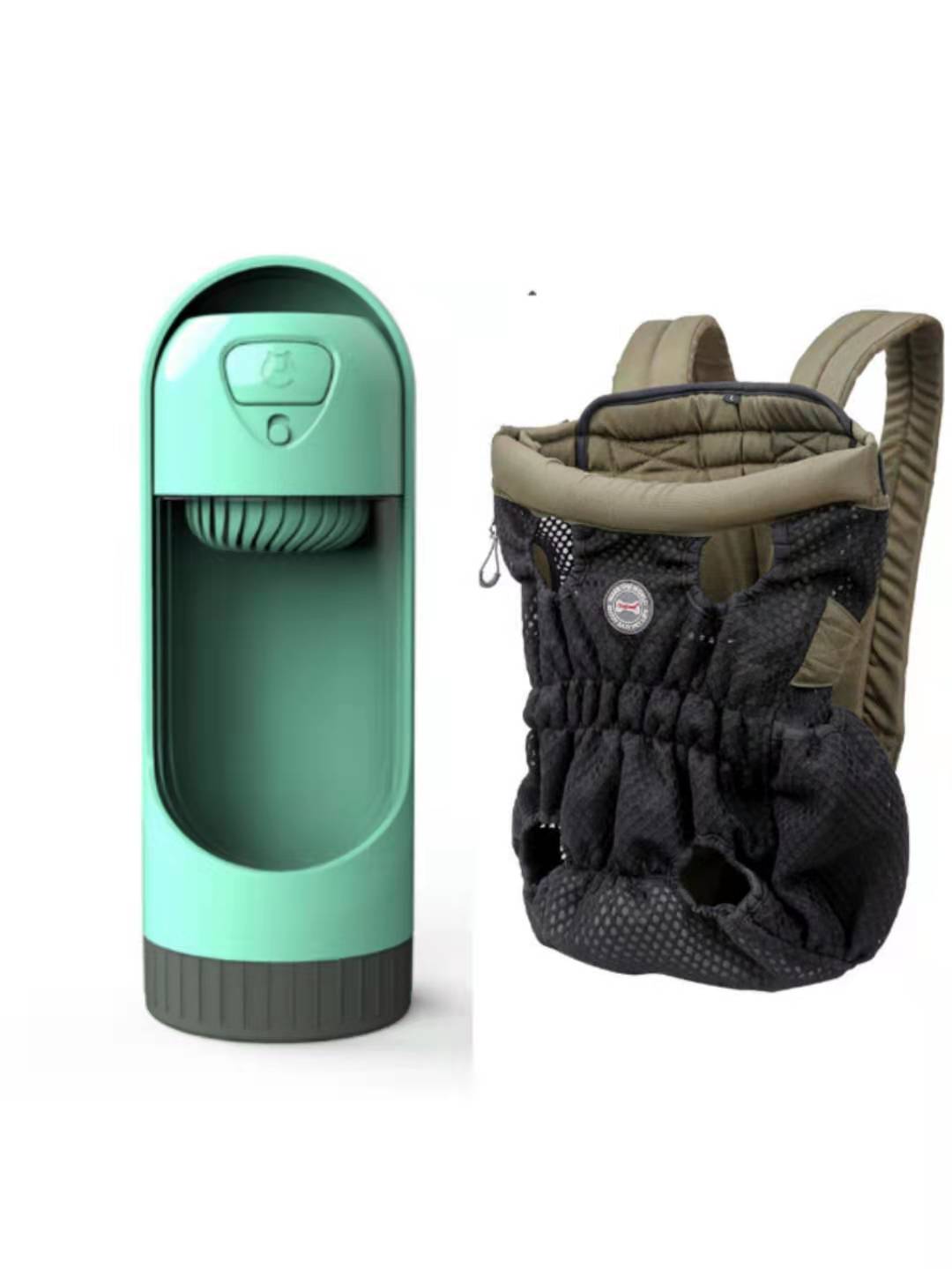 Mint green pet water bottle and black pet carrier on a white background