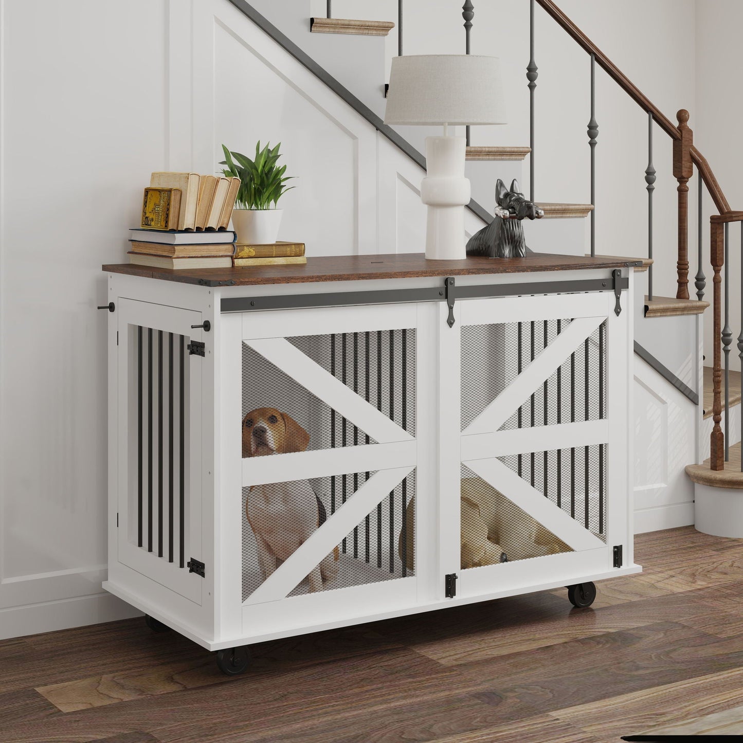 White pet crate with a dog inside, placed in a home setting with a staircase and decor.