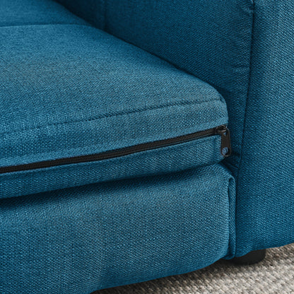 Close-up of a blue fabric chair with a zipper detail.