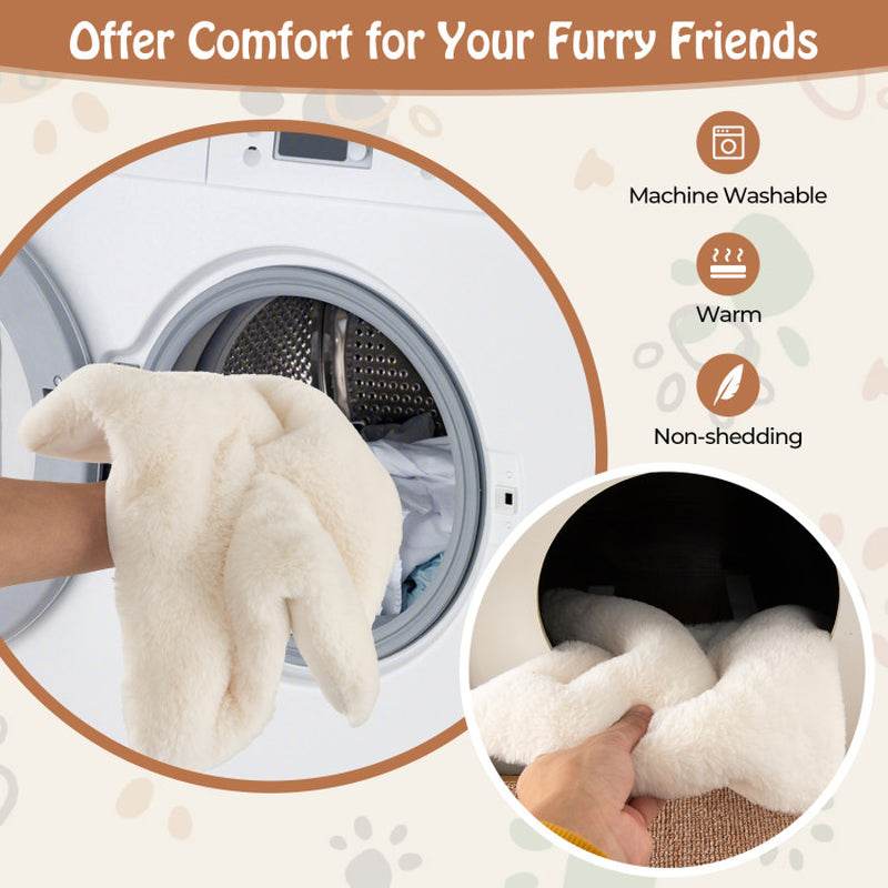 Product packaging for machine washable pet bedding with washing machine and hands holding bedding.