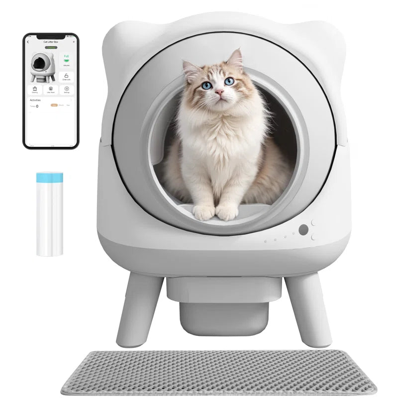 White pet dryer with a cat inside, remote control, and mat on a white background