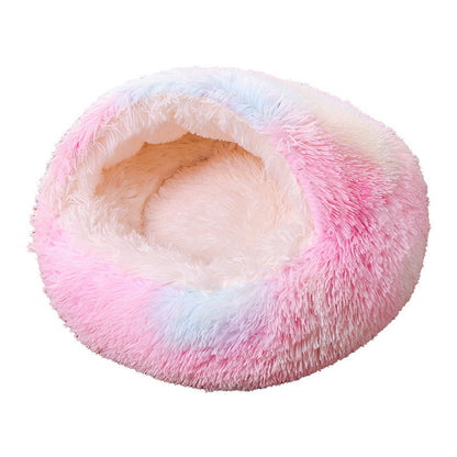 Fluffy pet bed with a pastel rainbow gradient on a white background