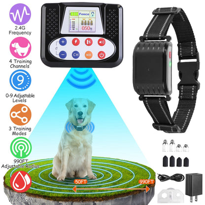Dog training collar system with control panel and collar, showing features and a dog on grass.