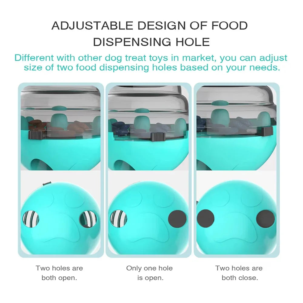 Adjustable dog toy with different food dispensing hole sizes shown in a packaging display.