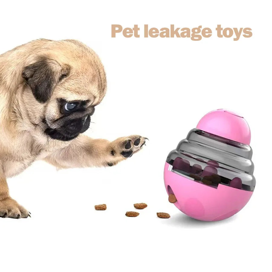 Pink pet leakage toy with a pug interacting with it on a white background