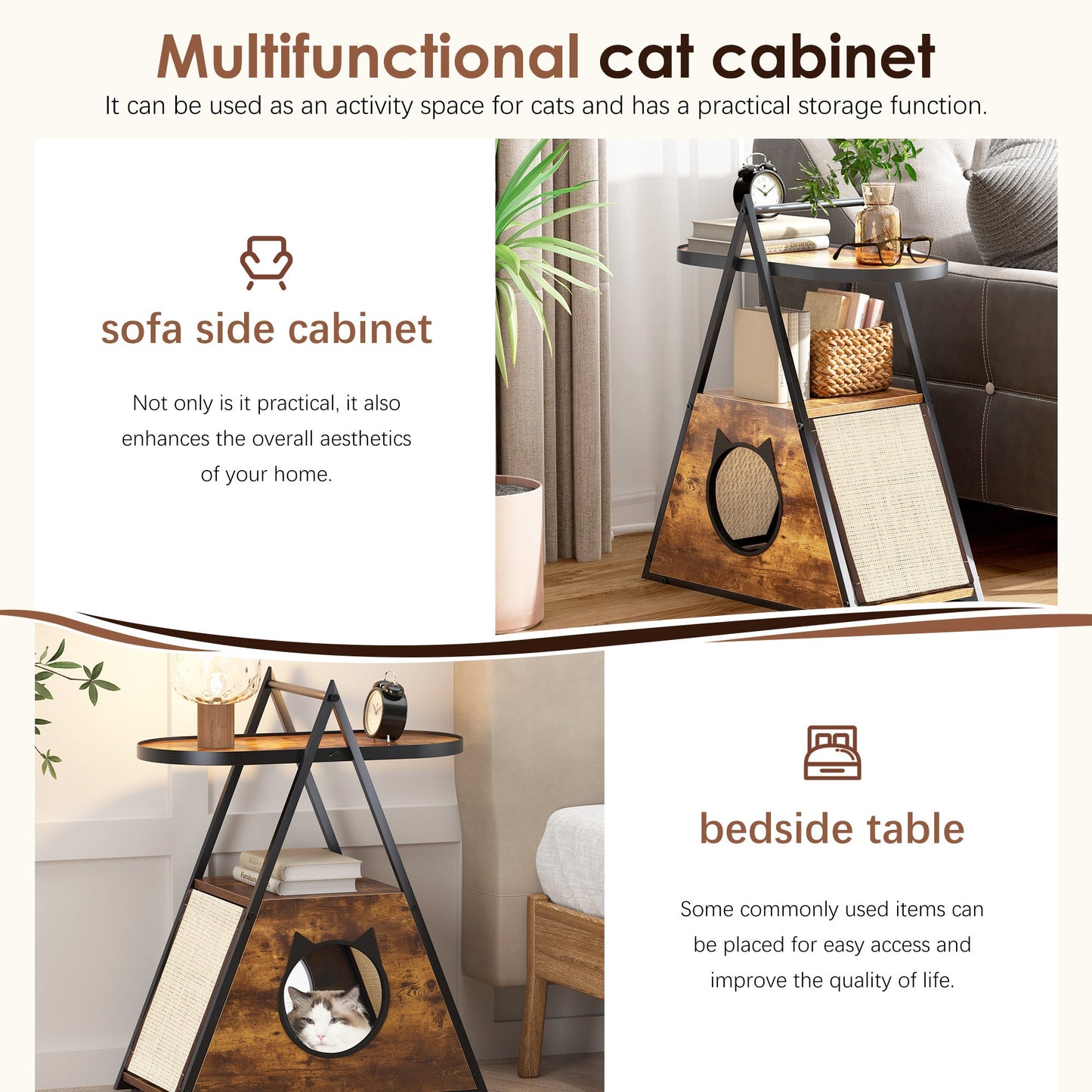 Multifunctional cat cabinet with text describing its uses in a home setting.