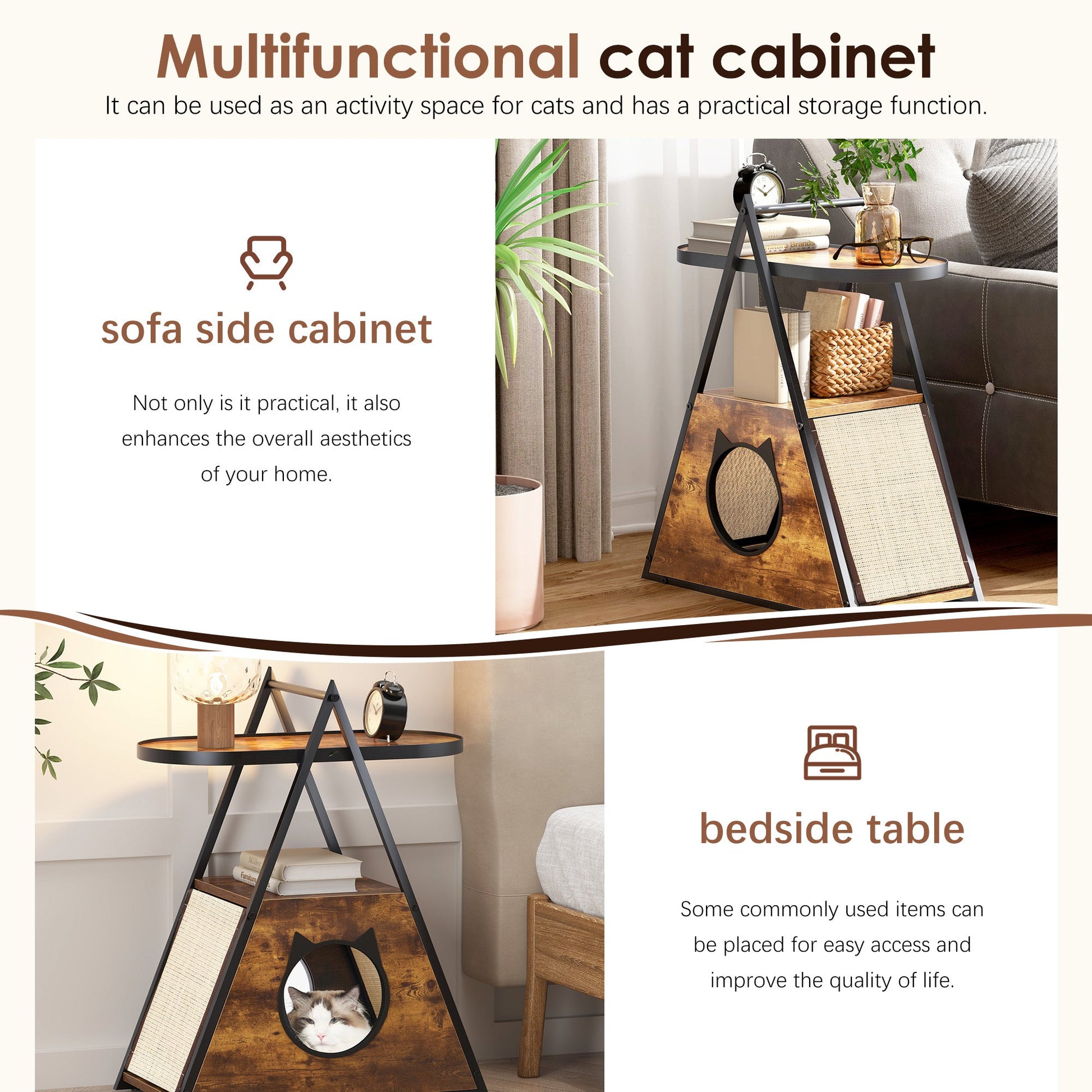 Multifunctional cat cabinet with text describing its uses in a home setting.