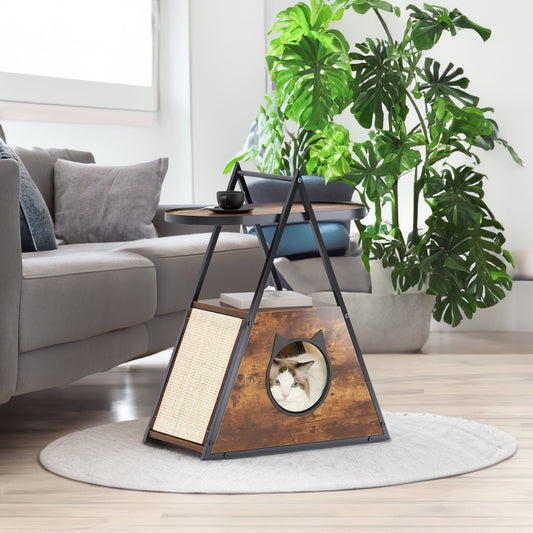 Wooden pet teepee in a living room with a cat peeking out, surrounded by plants and furniture.