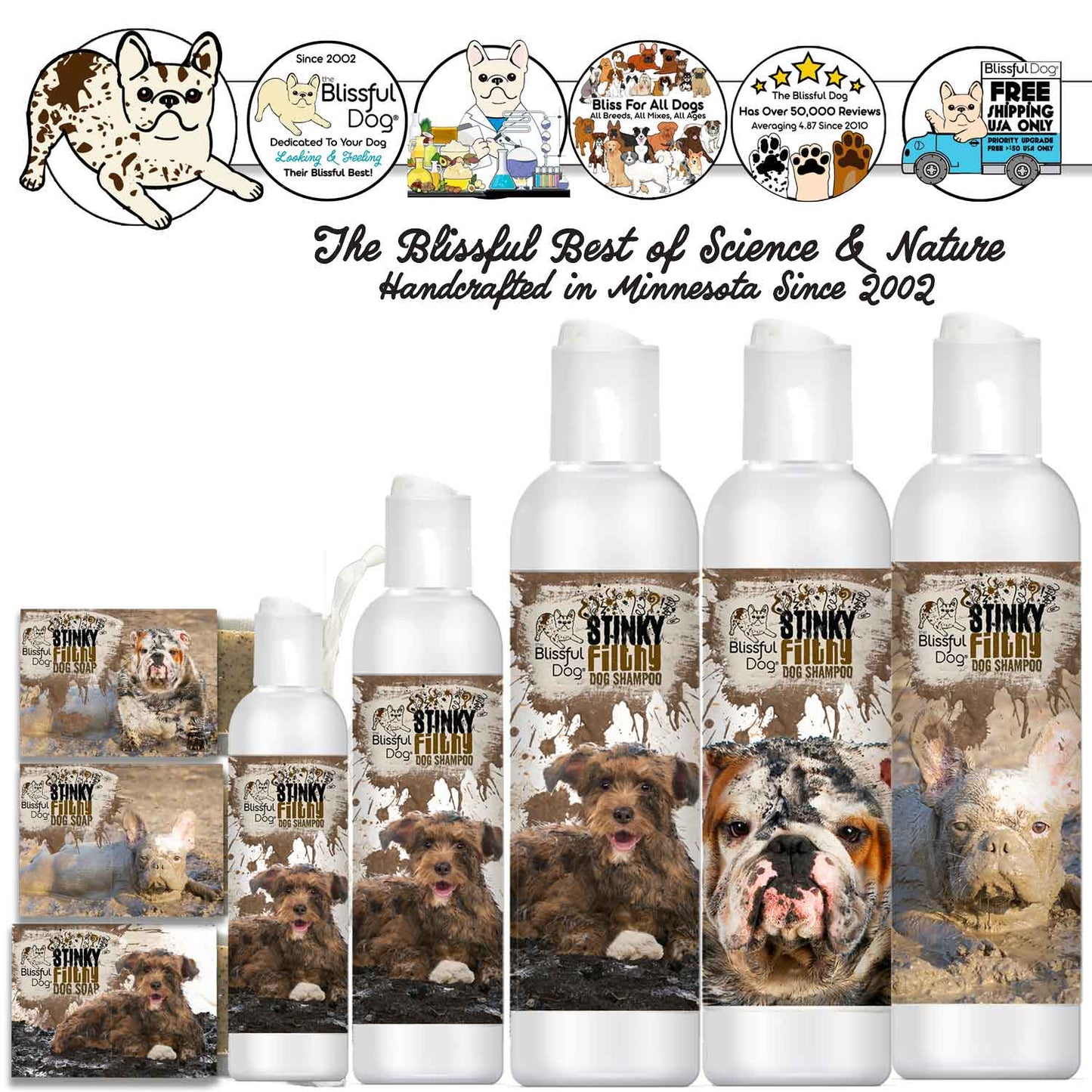 Dog shampoo bottles with 'Stinky' branding and product packaging on a white background.