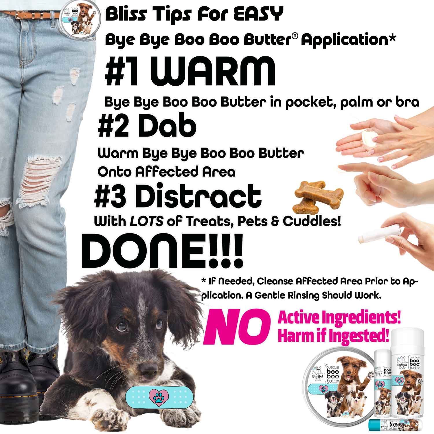 Bliss Tips for Easy Bye Bye Boo Boo Butter Application with a dog and human hands on a white background