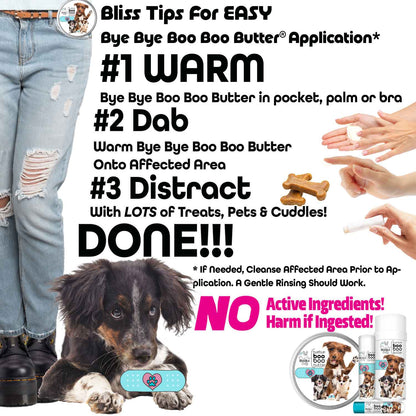 Bliss Tips for Easy Bye Bye Boo Boo Butter Application with a dog and human hands on a white background