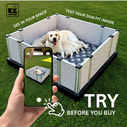 Pet playpen with dogs inside, hand holding phone showing app interface, grass background