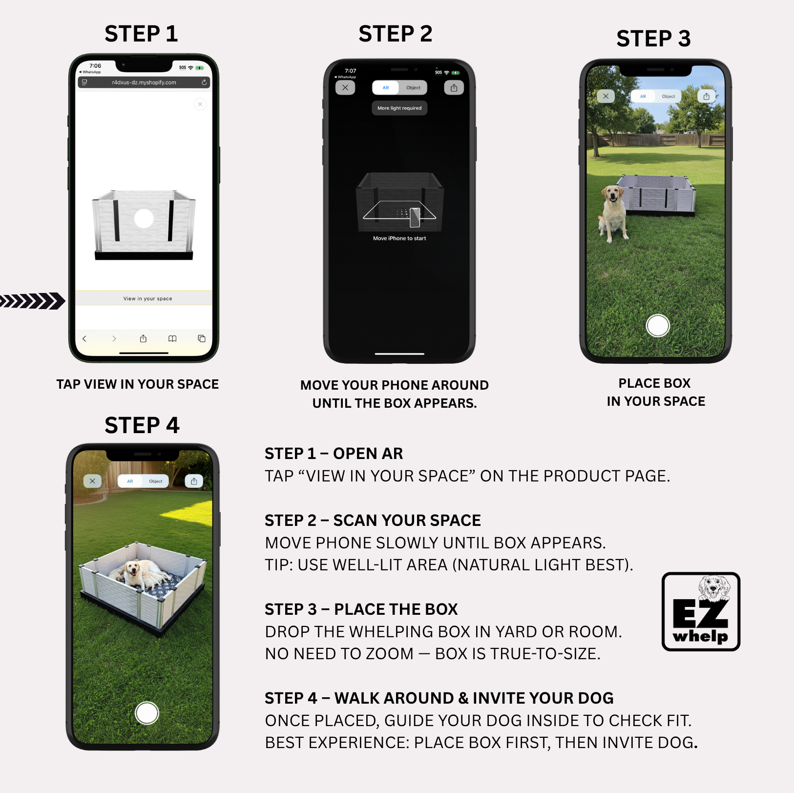 Step-by-step guide for using a pet product on a smartphone with visual examples.