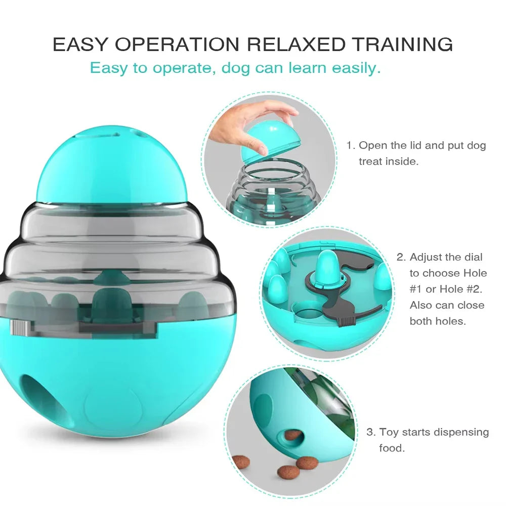 Turquoise dog toy with instructions on how to operate it, featuring text about easy operation and relaxed training.