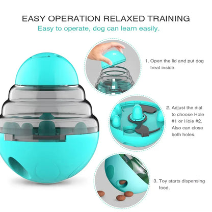 Turquoise dog toy with instructions on how to operate it, featuring text about easy operation and relaxed training.