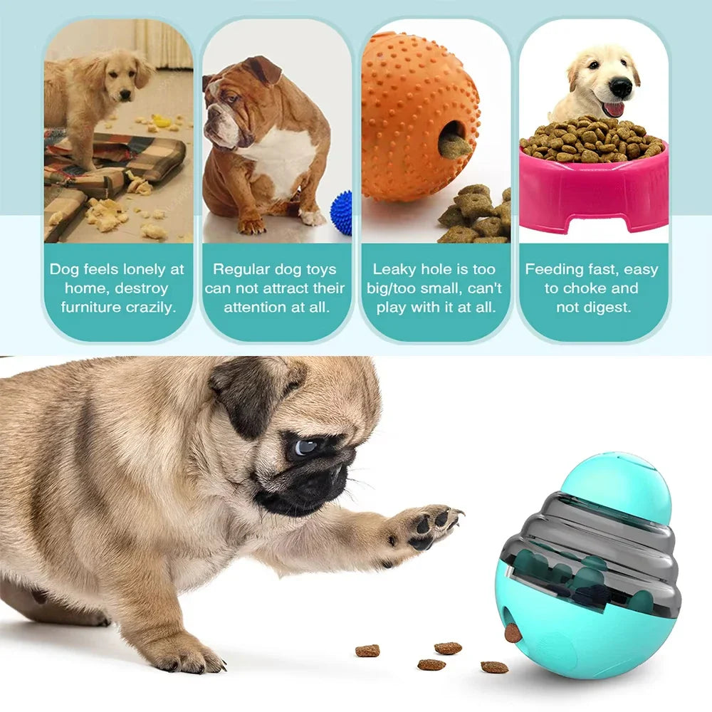 Dog toy with a pug interacting with it, surrounded by text describing issues with other dog products.