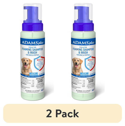 Two bottles of Adams Plus flea and tick foaming shampoo and wash for dogs on a white background.