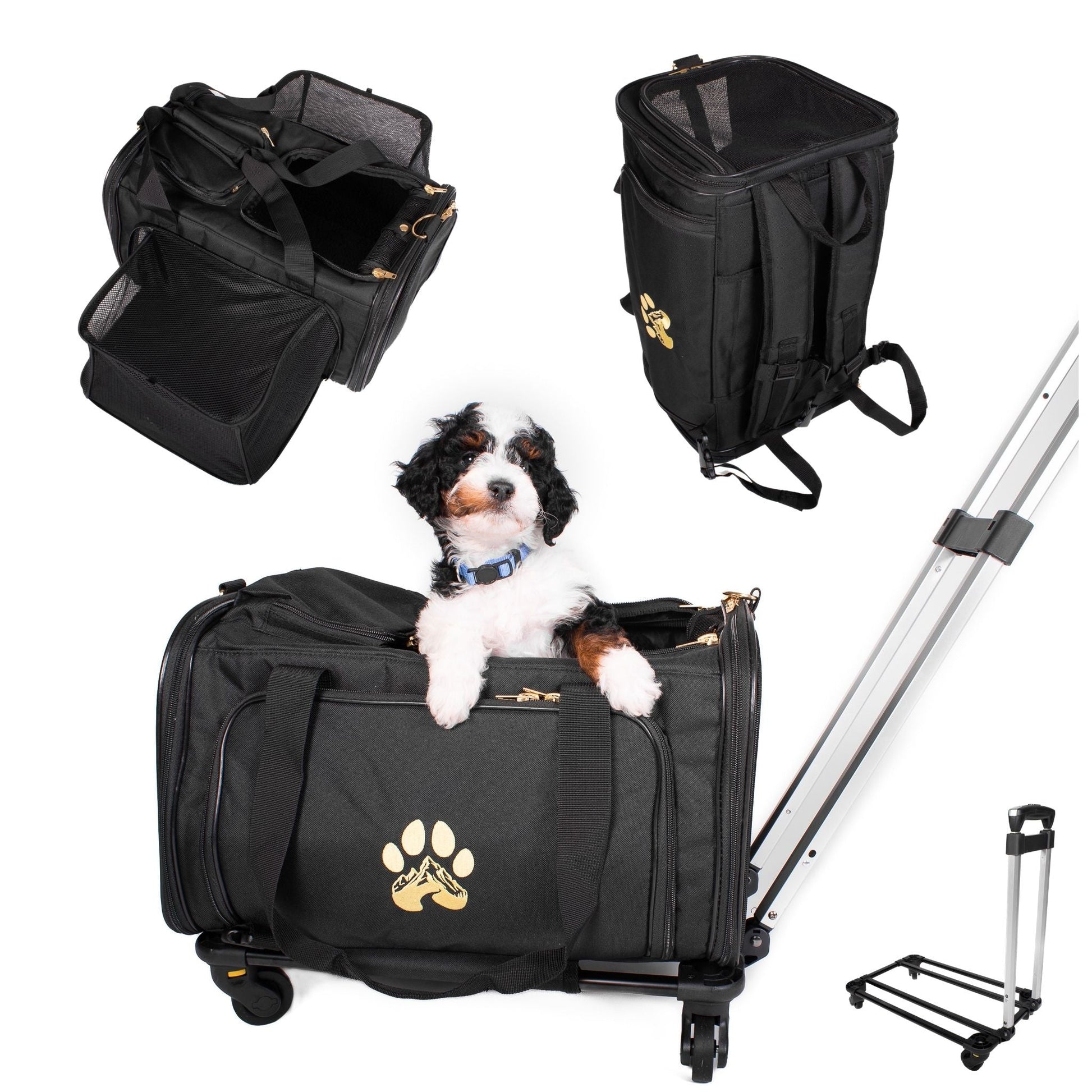 Black pet travel carrier with wheels, a dog inside, and a detachable handle on a white background.