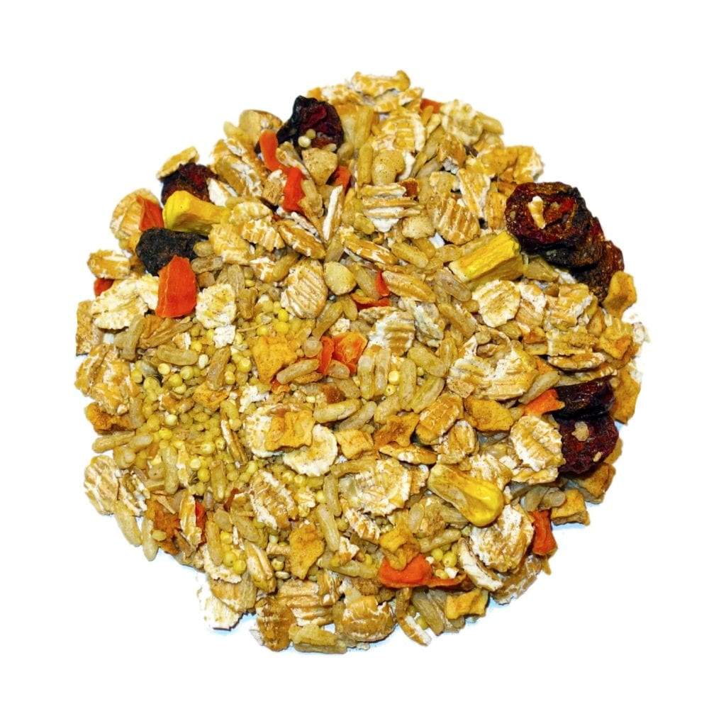 Muesli mix with oats, dried fruits, and nuts on a white background