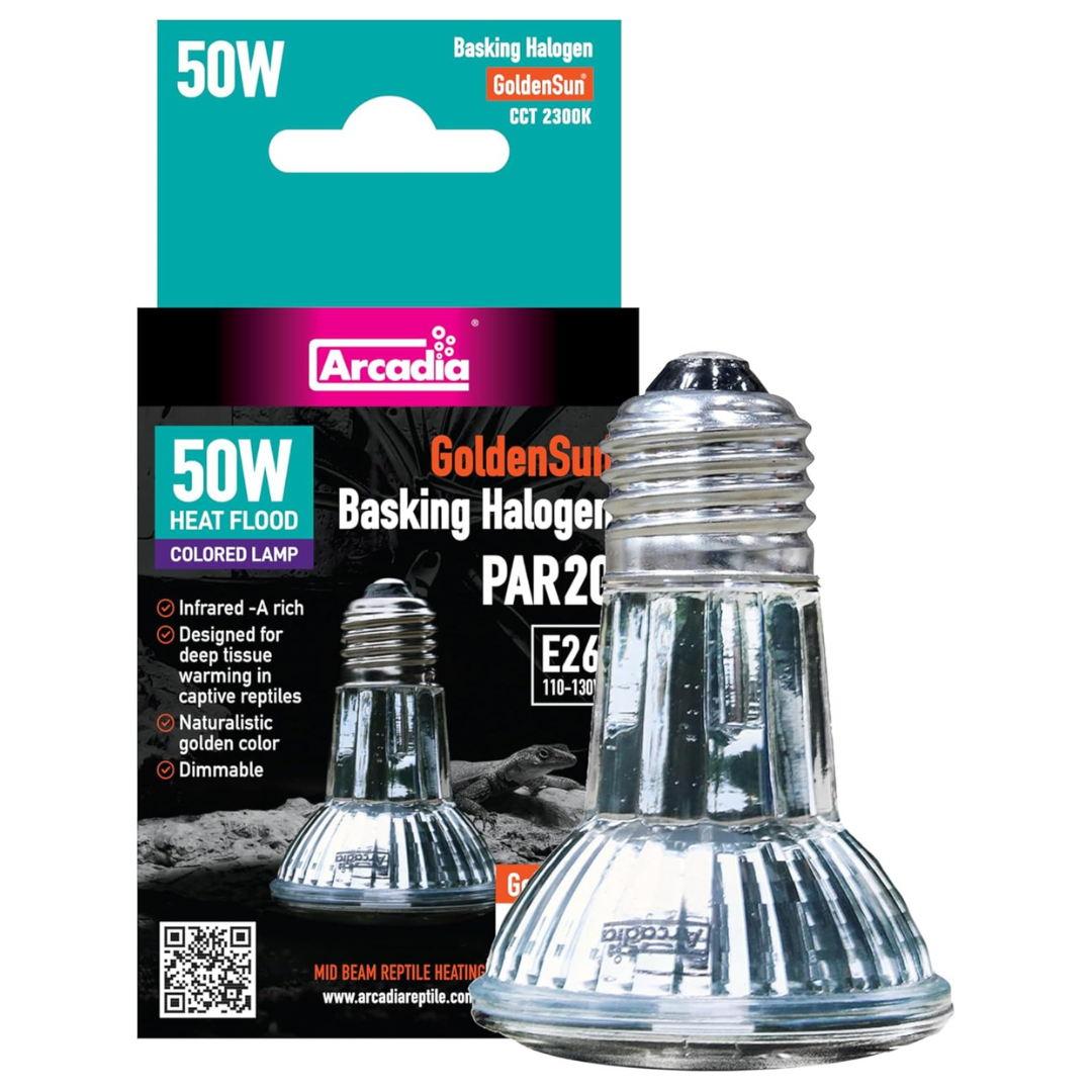 Arcadia 50W basking halogen lamp with packaging on a white background