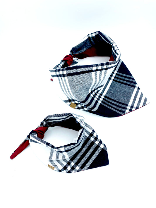 Two plaid dog bandanas on a white background