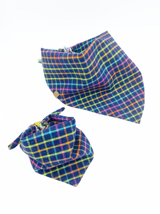 Two colorful plaid dog bandanas on a white background