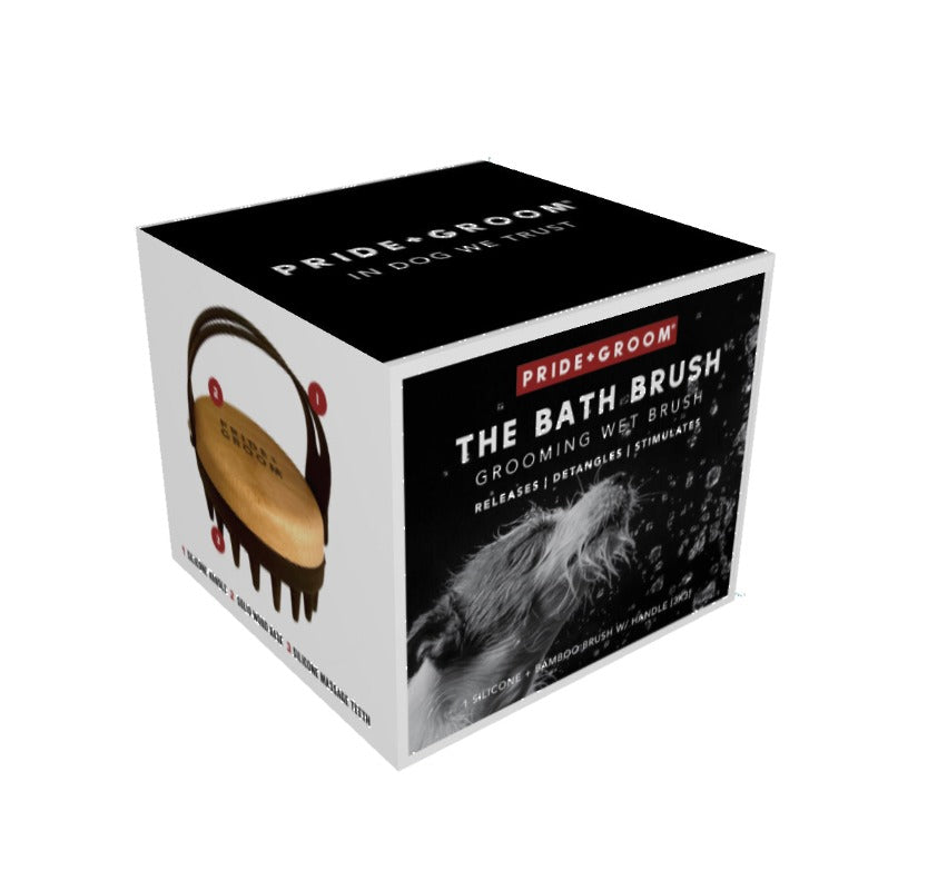 Pride & Groom product packaging for 'The Bath Brush' on a white background