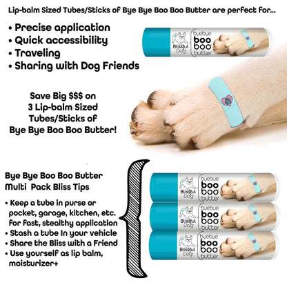 Dog paw with bandage and Bye Bye Boo Boo Butter packaging, product features listed.