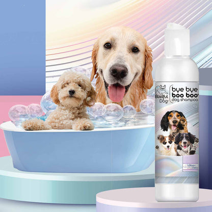 Two dogs in a bathtub with bubbles and a bottle of dog shampoo labeled 'Blissful Bliss' on a colorful background.