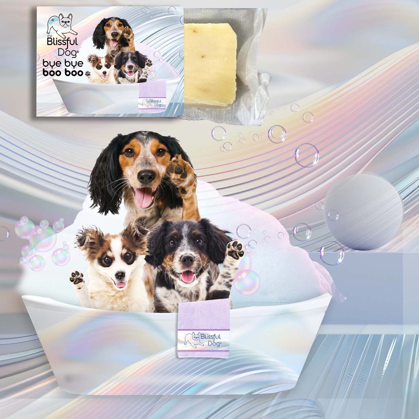 Three dogs in a bubble bath with a product labeled 'Blissful Dog' on a colorful background.
