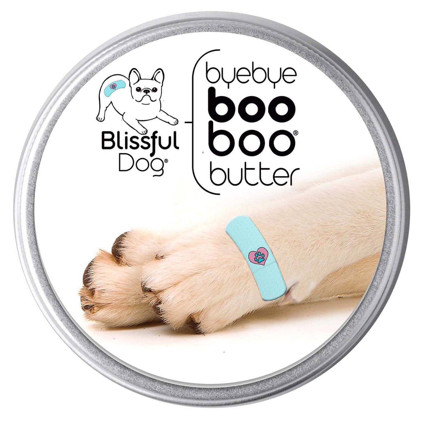 Container of Blissful Dog byebye boo boo butter with a paw wearing a blue bandage.