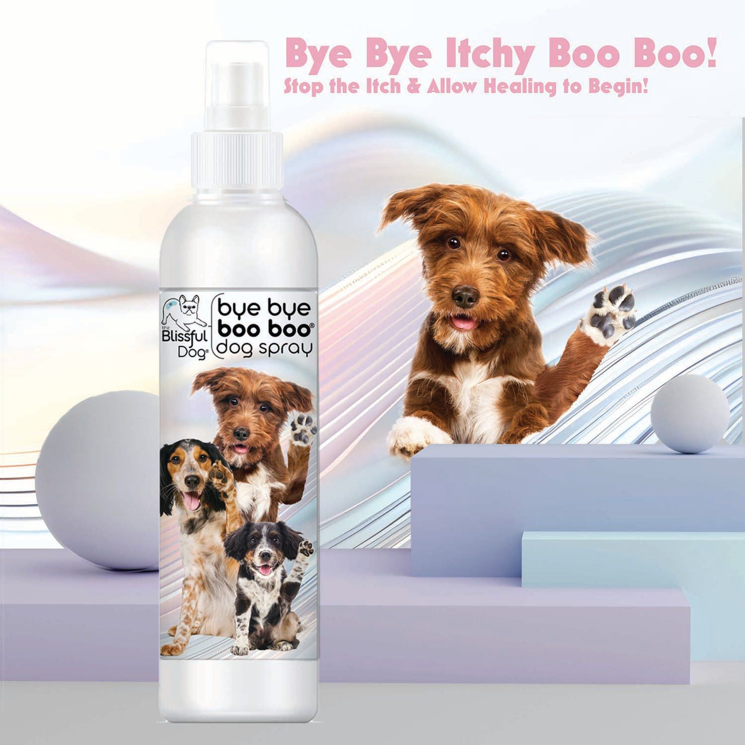 Dog spray bottle labeled 'Bye Bye Itchy Boo Boo' with a dog on a modern abstract background